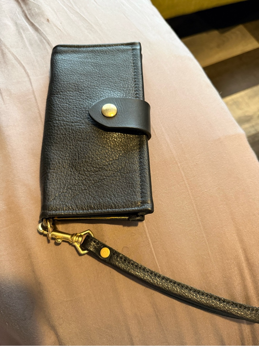 Black Leather Wristlet Wallet with Gold Hardware